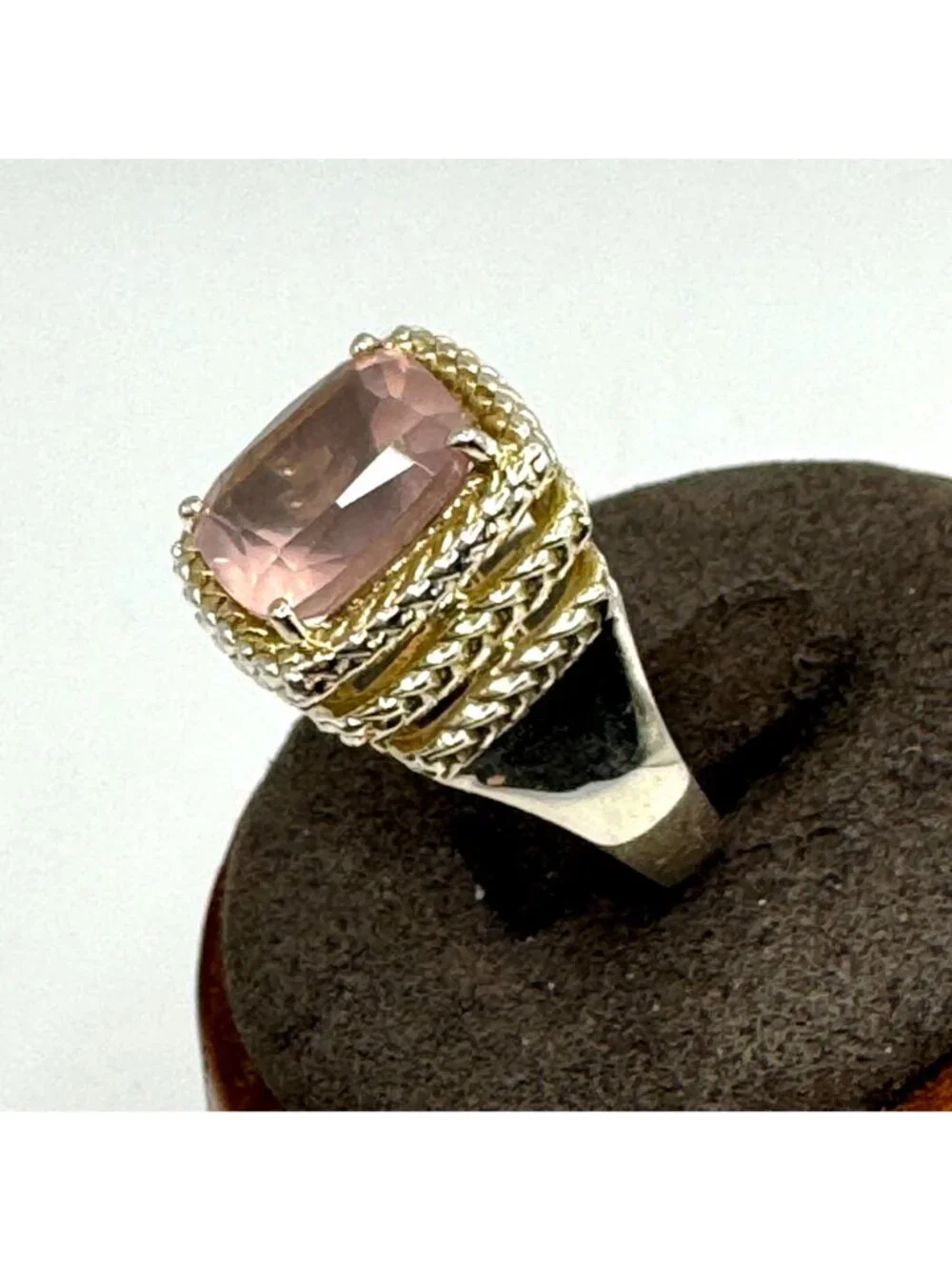 Rose Quartz Prong Set Ring Two Tone 925 Sterling Silver Size 8